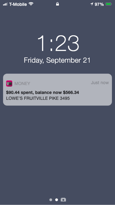 Notification reading $90.44 spent, balance now $566.34 at Lowe's Fruitville Pike.