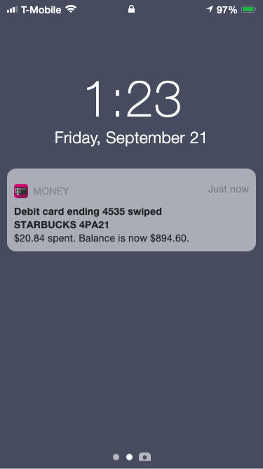 Notification reading Debit card ending 4535 swiped at Starbucks 4PA21, $20.84 spent. Balance is now $894.60.