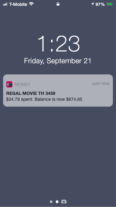 Notification reading REGAL MOVIE TH 3459, $34.79 spent. Balance is now $674.65.